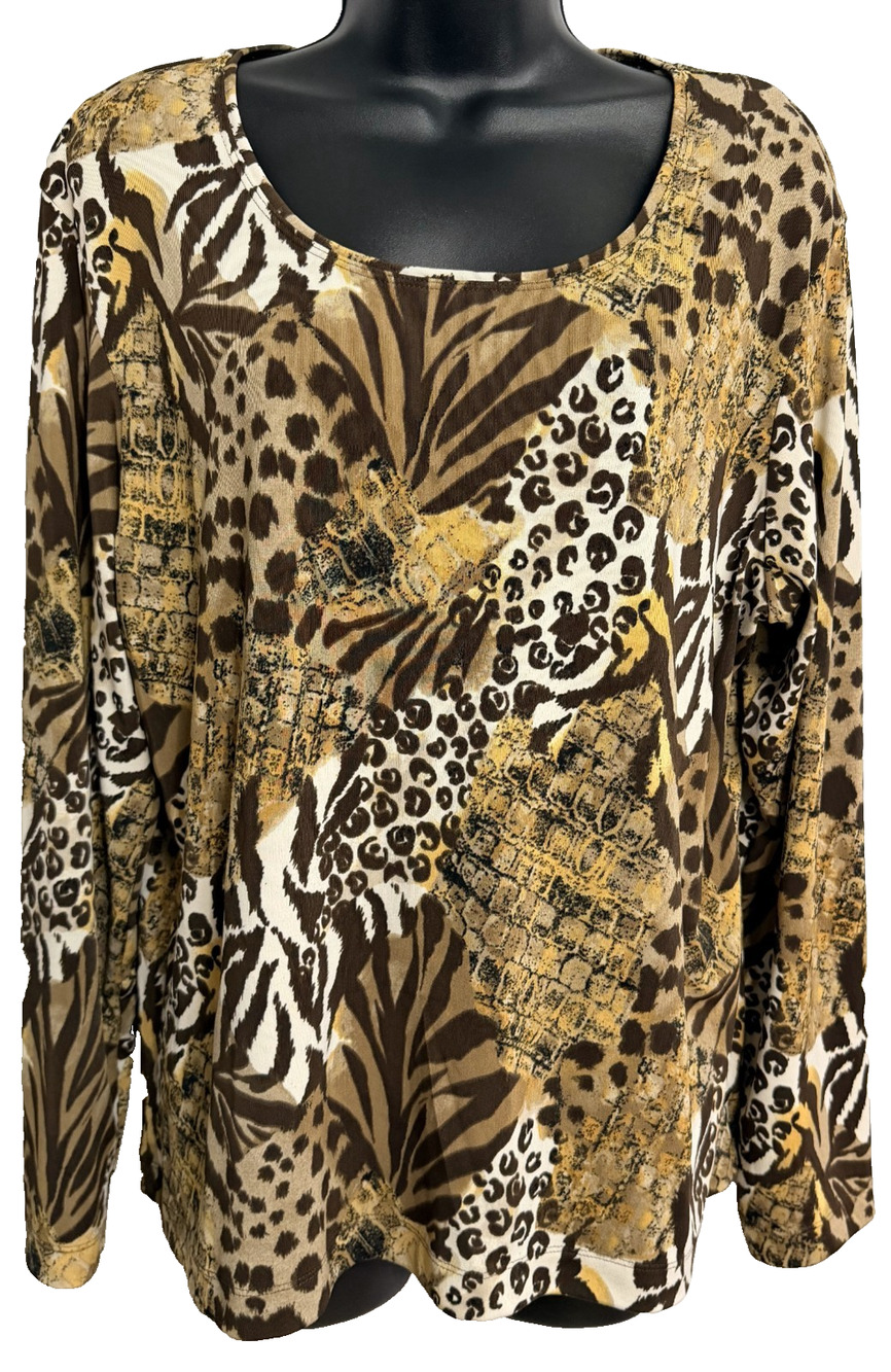 Chico's Additions Ribbed Knit Top Women's XL Brown Tan Animal Print Safari Retro